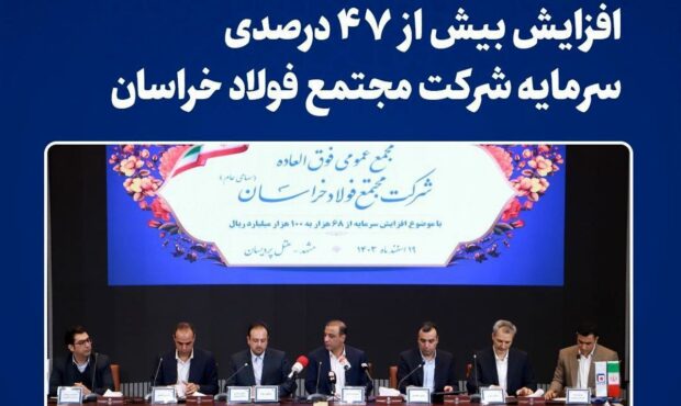 افزایش بیش از ۴۷ درصدی سرمایه شرکت مجتمع فولاد خراسان /سرمایه «فخاس» از ۶.۸ به ۱۰ همت افزایش یافت افزایش بیش از ۴۷ درصدی سرمایه شرکت مجتمع فولاد خراسان /سرمایه «فخاس» از ۶.۸ به ۱۰ همت افزایش یافت